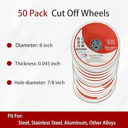 Cut Off Wheels 50 Pack 6 x .045 x 7/8 Inch Metal and Stainless Steel Cutting Discs for Angle Grinders