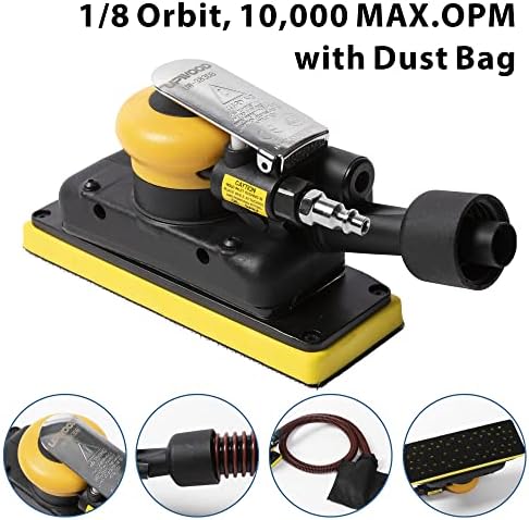 2-3/4" x 8" Dust-free Air Orbital Sander, 70 mm x 198 mm 1/8 in Orbit, 10,000 Max OPM Dust Bag Style with Extra Hook-Loop Pad and 15pcs (80/120/180/320/400) mesh sandpapers