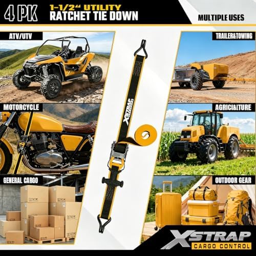 XSTRAP STANDARD 4-PK Heavy Duty Ratchet Tie Down Straps, Ammo Storage Box | 1.5"x16FT Motorcycle Straps with Double J Hooks with Ergonomic T-Handle, 3300 lbs Break Strength for Truck, ATV, Trailer, UTV