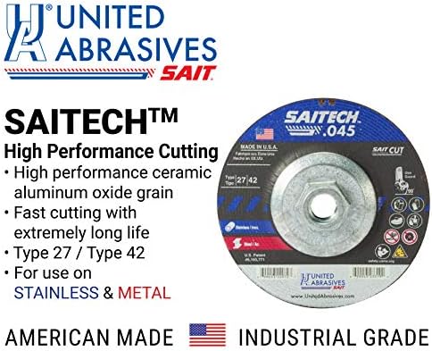 United Abrasives-SAIT 23306 Saitech™ High Performance Cut-Off Wheels (Type 27/Type 42 Depressed Center) 5" x .045" x 5/8-11", 10-Pack