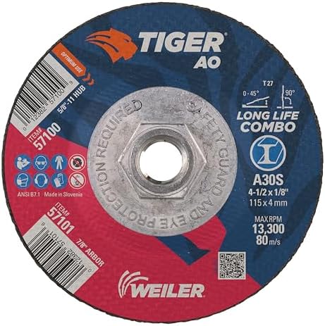 Weiler 57100 4-1/2" x 1/8" Tiger Type 27 Cut and Grind Combo Wheel, A30S, 5/8"-11 UNC Nut (Pack of 10)