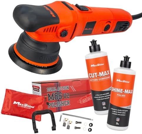 Maxshine 3-Piece M8S V2 Dual Action Polisher & 16oz Cut & Polish Detailing Kit – 8mm Throw Random Orbital Buffer, 1000W, 5″ Backing Plate 6-Speed – Car, Truck, SUV & Boat Paint Correction