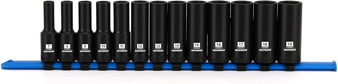 MIXPOWER 3/8" Drive Deep Magnetic Impact Socket Set with Storage Rails, 13-Piece, 6 Point, 7-19mm, Metric, CR-MO