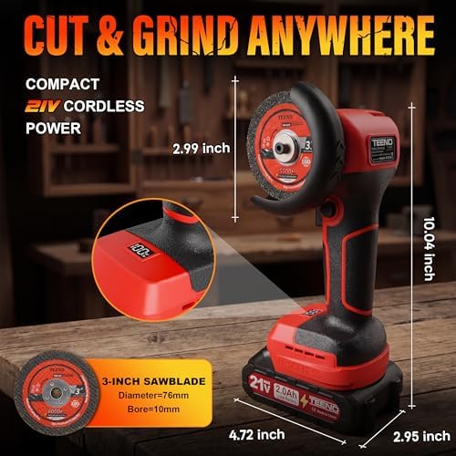 TEENO Cordless Angle Grinder 3", 21V Mini Cut-Off Tool, LCD Battery Display
