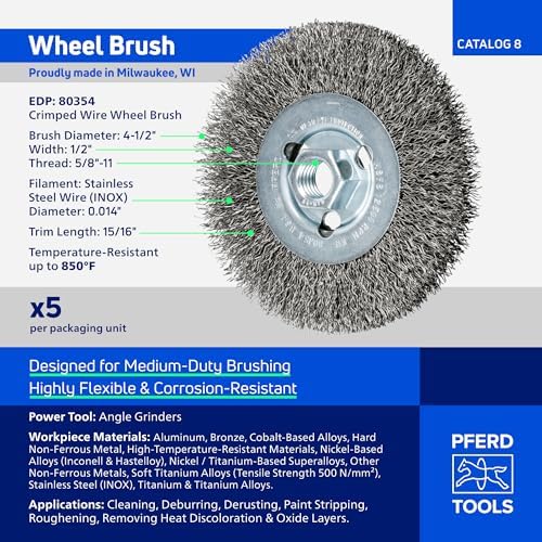 PFERD Crimped Wheel Brush, Stainless Steel Wire, 4-1/2" Diameter, 5/8-11 Thread, 0.014 Wire Size, 15/16" Trim Length, 1/2" Face Width, 12500 max RPM - Part 80354