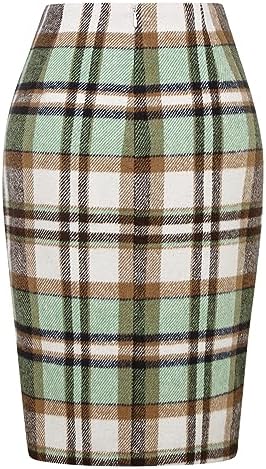 IDEALSANXUN Plaid Skirts for Women Fall Winter Knee Length Pencil Wool Skirt with Slit