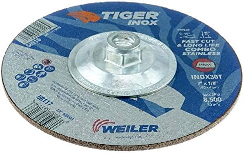 Weiler 58116 7" x 1/8" Tiger INOX Type 27 Cut and Grind Combo Wheel, INOX30T, 5/8"-11" UNC Nut (Pack of 10)