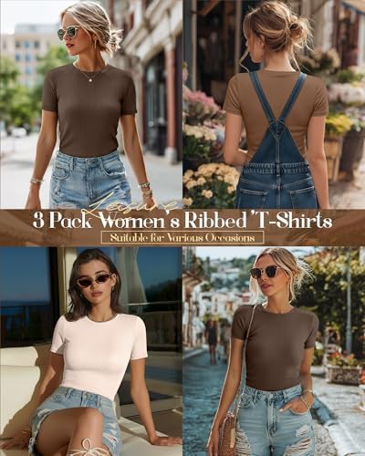 Ficerd 3 Pack Women's Ribbed Short Sleeve T-Shirts
