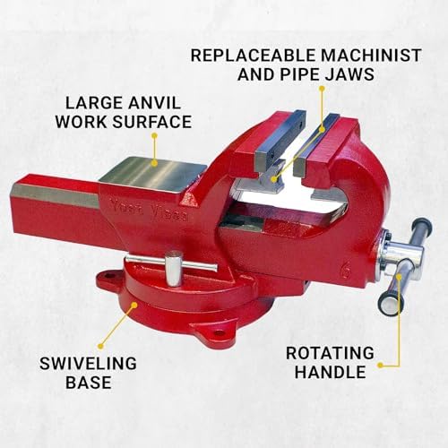 Yost Vises ADI-6 Heavy Duty Vise | 130,000 PSI Tensile Strength Austempered Ductile Iron Bench Vise | 6 Inch Jaw Width with a 360 Degrees Interlocking Swivel Base and 2 Lockdowns | Red