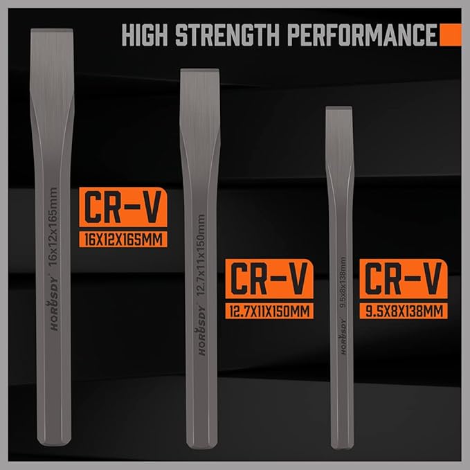 HORUSDY 3-Piece Heavy-Duty Cold Chisel Set, 3/8", 1/2", 5/8" Metal Chisels, Drop-Forged Cr-V Steel for Woodworking, Metalworking, Masonry & Carpentry (Pack of 2)