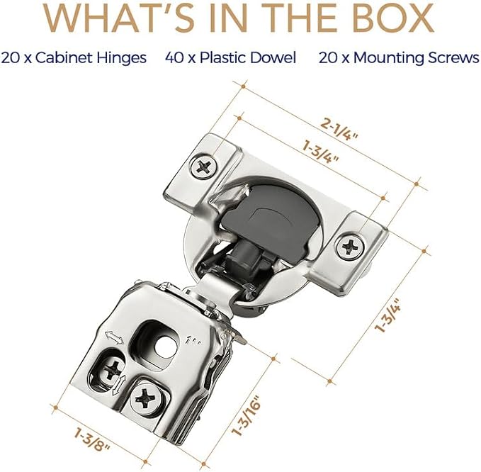 20 Pack 10 Pair 1 inch Overlay Soft Close Hinges for Kitchen Cabinet Hinges Satin Nickel Hidden Hinges Stainless Steel Concealed Hinge self Closing