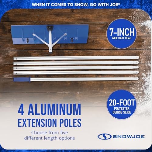 Snow Joe Roof Rake and Snow Removal Tool with 26-Foot Reach and 20-Foot Debris Slide - Ice Remover and Winter Season Accessory for Home, Building, and Garage, RJ207M