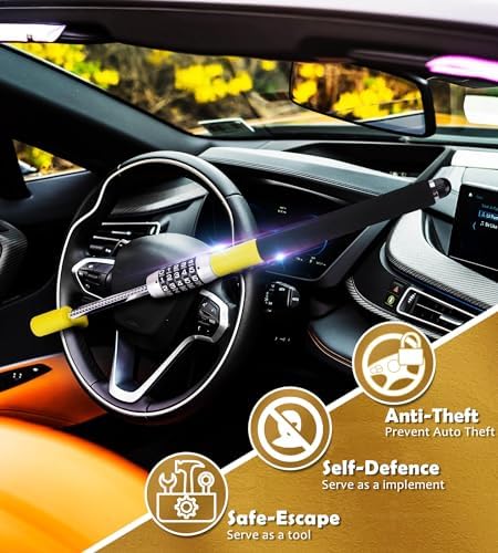 Tevlaphee Steering Wheel Lock, Car Lock Anti Theft Keyless Extendable Retractable Password 5 Coded Combination Lock, Heavy Duty Universal Fit (Yellow)
