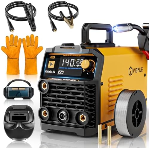 VIGRUE 140A MIG Welder, 110V Flux Core/Stick/Lift MIG 3 in 1 Welding Machine with Large Digital Screen Display & Welding Mask & Gloves