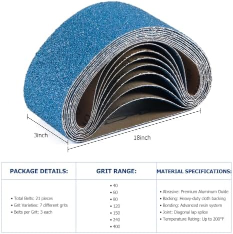 3x18 Inch Sanding Belts 21 Pack, 7 Grits (3 Each of 40/60/80/120/150/240/400) Heavy Duty Zirconia Belt Sander Paper for Wood Metal Stainless Steel Automotive Furniture