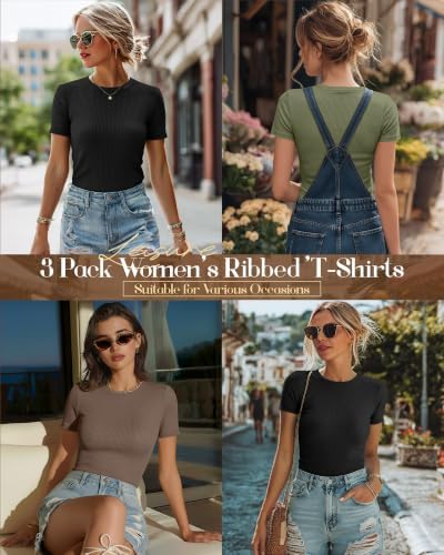 Ficerd 3 Pack Women's Ribbed Short Sleeve T-Shirts