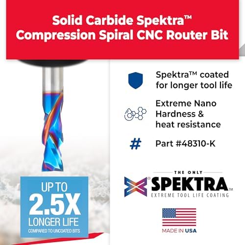 Amana Tool Spektra Extreme Tool Life Coated Solid Carbide CNC Compression Spiral Router Bit, 48310-K, 10mm D x 25mm CH x 10mm Shank x 64mm Long
