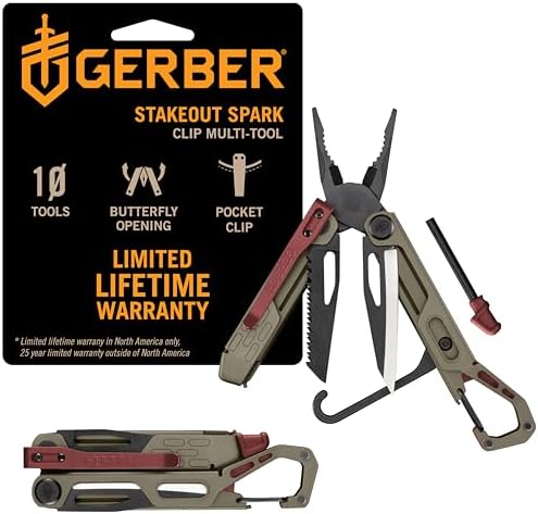 Gerber Gear Stakeout Spark - Multi-Tool Folding Knife for Backpacking, Survival, Camping, Outdoor - Pocket Tool w/Bottle Opener, Tent Stake Puller, Scissors, Tweezers - Coyote Brown