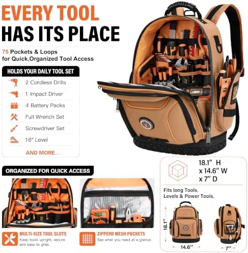 LOKASS 18.1-Inch Heavy-Duty Tool Backpack, 75 Pockets, Brown