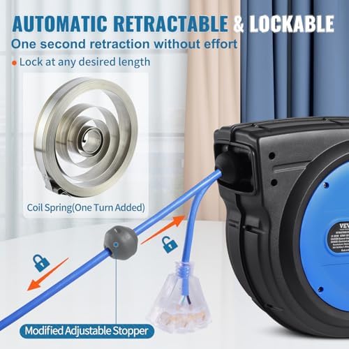 VEVOR 80FT Retractable Extension Cord Reel, Heavy Duty 12AWG/3C SJTOW Cord