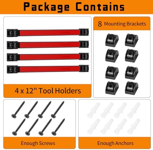12" Magnetic Tool Holder Strip, 4 Pieces Red Metal Tool Organizer Rack with Stainless Steel Surface, Magnet Bar for Garage Workshop, Easy To Install with Mounting Screws