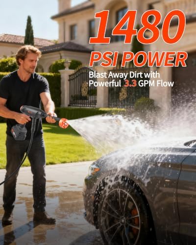 Cordless Portable Washer, 1480 PSI Battery Operated Washer with All-Copper Motor, Battery, 23FT Hose, Storage Bag; Handheld Washer; Lightweight Car Washer for Home, Garden (BlazeOrange)