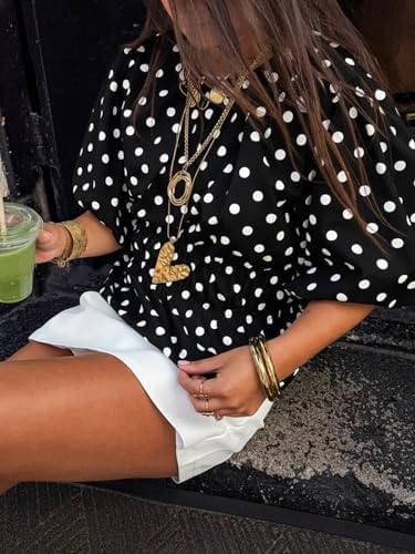 Cicy Bell Women Polka Dot Peplum Blouse Round Neck Puff Sleeve Summer Top