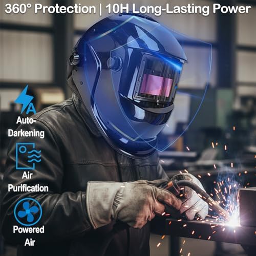 True Color Auto Darkening Welding Helmet with PAPR Respirator System, Large Viewing Screen Welding Hood with Fan for MIG TIG ARC, Powered Air Purifying Respirator Mask (Black)
