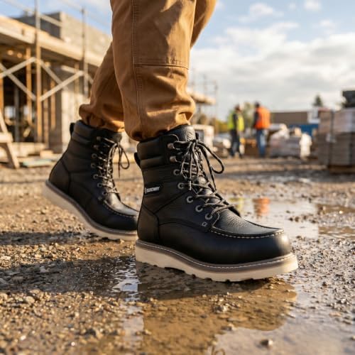 SUREWAY Men's 8" Moc Toe Full-Grain Leather Soft Toe Work Boots, EH Rated