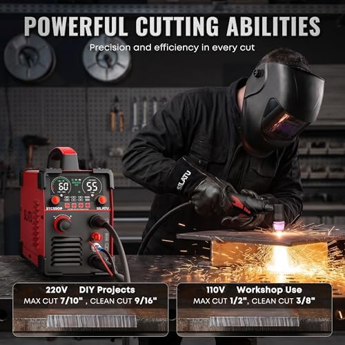 SILATU 55A Plasma Cutter, HF Non-Touch Pilot Arc Plasma Cutter Machine, 7/10″ Max Cut 9/16″ Clean Cut, Portable 110/220V Dual Voltage IGBT Inverter Digital Display, PT/2T/4T for Beginners DIY (Red)