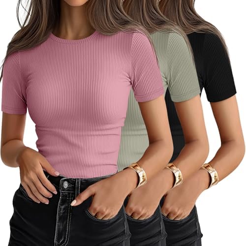 Ficerd 3 Pack Women's Ribbed Short Sleeve T-Shirts