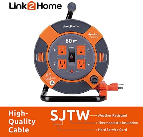 Link2Home 60 Ft. Extension Cord Reel, 4 Power Outlets, 14 AWG SJTW