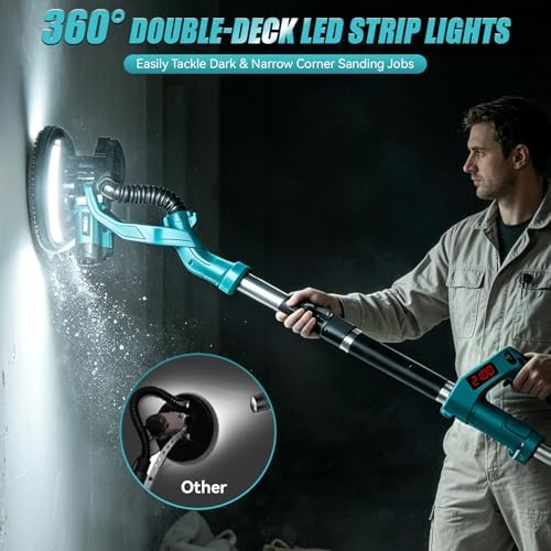 Drywall Sander, 1000W Popcorn Ceiling Removal Tool, Electric Drywall Sander with Vacuum Dust Collection & Digital Display Screen, 30Pcs Sanding Discs, 9 Variable Speed 800-2100RPM, Extendable Handle