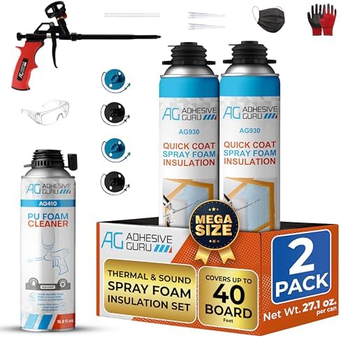 Adhesive Guru Spray Foam Insulation Kit (2 x 32.80 oz/930 gr - 40 Board feet), Self-Expanding Adhesive Foam, Closed Cell Heat Insulation & Acustic Spray with Cleaner and Dispensing Gun- 2 Pack