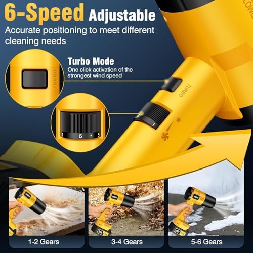 Leaf Blower Cordless, Handheld Leaf Blower with 2 X 4.0Ah Battery and Charger, Snow Blower with 6 Speed Modes, Lightweight Blowers for Lawn Care, Patio, Yard, Blowing Snow, Leaves, Dust-Yellow