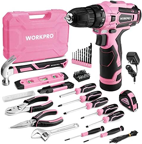 WORKPRO 12V Cordless Pink Drill Set for Women, Home Tool Kit with Tool box