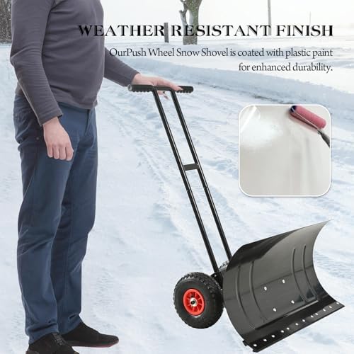 Snow Shovel with Wheels for Driveway, Heavy Duty Snow Pusher with Wheels and Angled Blade for Efficient Snow Removal, Back Saver Snow Plow with Safety Reflective Tape (Black)