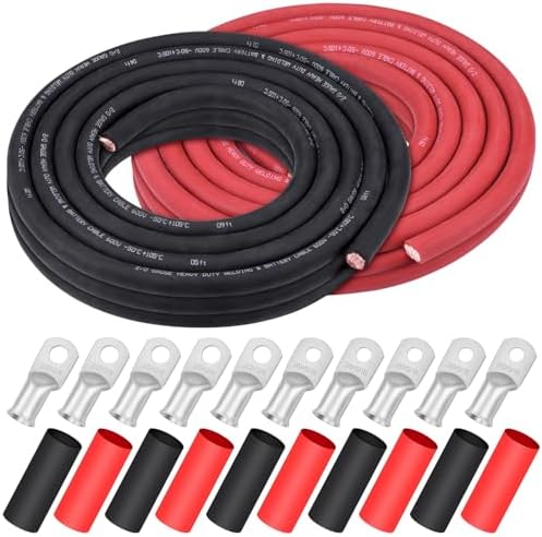 2/0 Gauge Battery Cable,iGreely 30 Ft Black + 30 Ft Red 2/0 AWG Copper Welding Wire for Auto Inverter Solar Rv, 5pcs of 5/16""& 5pcs 3/8"" Copper Lug Terminal Connector with Heat Shrink Tubing
