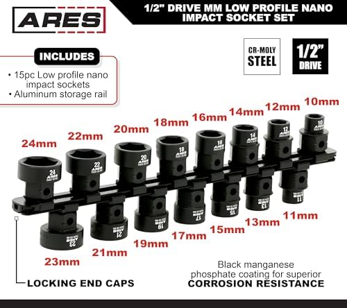 ARES 29020 15-Pc 1/2in Metric Nano Sockets, Low Profile, w/Rail | Sizes 10-24mm, chrome moly steel, corrosion-resistant coating, locking aluminum rail. For tight engine bays and brake jobs.
