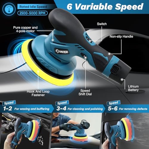 Saker Mini Cordless Buffer Polisher - 6 Inch Portable Polishing Machine Kit for Car Detailing, with 1PC 12V 2000mAh Rechargeable Battery, extra 10 PCS Attachments