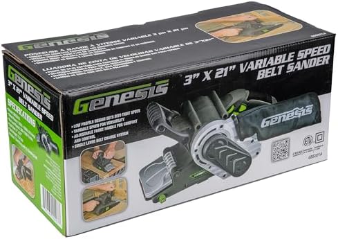 Genesis GBS321A Single Lever 3" x 21" Variable Speed Belt Sander with Adjustable Front Handle and Dust Collection Bag , Grey