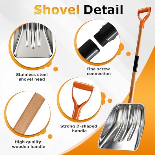 Scoop Shovel, Snow Shovel for Driveway, Non-Slip Wood Handle, D-Handle