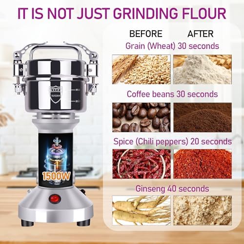 150g Grain Mill, 304 Stainless Steel Spice Grinder, 1500W High-speed Commercial Flour Mill, Superfine Flour Mill Grinder for Home, Grain Mill for Flour