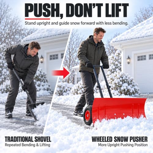 Snow Shovel with Wheels, for Efficient Snow Removal (Dual Bar - Black)