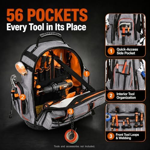LOKASS Tool Backpack Heavy Duty, 18.5 in, 56 Pockets, Molded Bottom, Gray