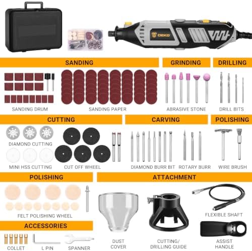 DEKOPRO Rotary Tool Kit, 1.5-Amp Corded Power Rotary Tools with 42" Flex Shaft, 6 Variable Speed, 8,000-35,000 RPM, 129 Pcs Accessories Kit for Cutting, Sanding, Grinding, Carving & DIY Projects Gray
