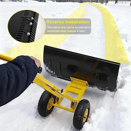 Snow Shovel, 29” Wide Heavy-Duty Metal Snow Pusher, 10” Pneumatic Rubber Wheels, 7-Position Angled Blade, Adjustable Height Anti-Slip Handle, Snow plow for Doorway, Driveway, Sidewalk