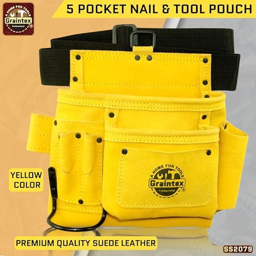 Graintex 5 Pocket Suede Leather Tool Belt/Bag, Multipurpose Leather Tool Belt for Women and Men, Ideal for Construction, Electrician, Handymen, Carpenter, Gardening Pouch & DIY Projects