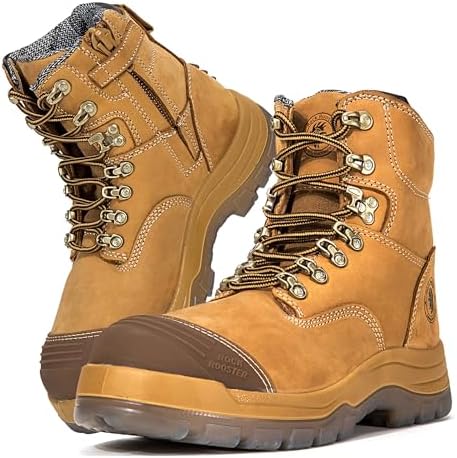 ROCKROOSTER Work Boots for Men,7 inch,Steel Toe,Side Zipper, Oiled Leather Shoes,Static Control,Breathable,Quick Dry(AK232Z-245Z)