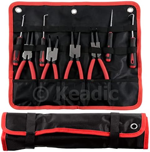 Keadic 8 Pcs 9" Heavy Duty External Snap Ring Pliers and Precision Hooks Set with Storage Bag, Circlip Pliers Set with Straight/Bent Jaw for Car Ring Hose Remover